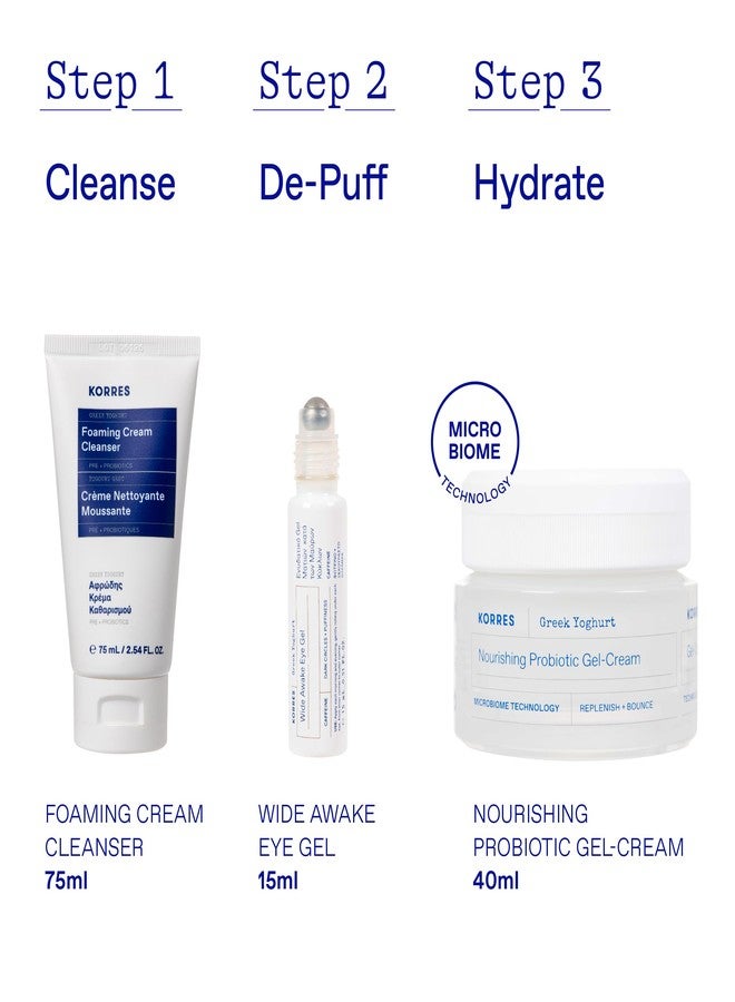 KORRES Greek Yoghurt Hydration Boost Trio Set, 3-Step Skin Care Kit with Foaming Cream Cleanser, Eye Gel & Probiotic Gel Cream, Pre & Probiotics for Balanced Hydration, Clean Beauty, 3 Piece Set - Image 2